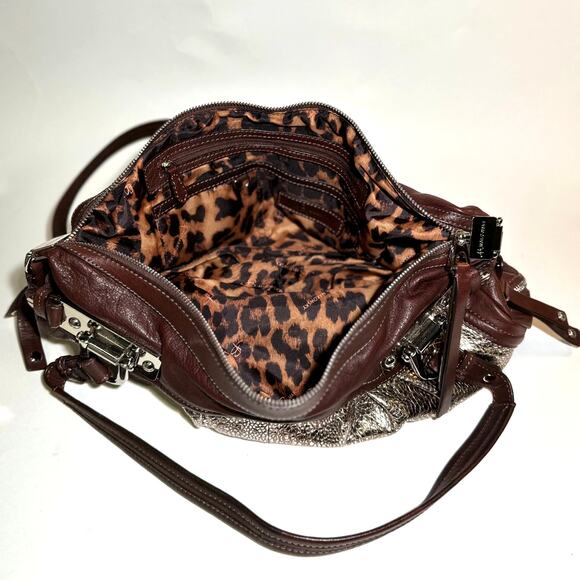B. Makowsky Women’s Brown/Silver Metallic Leather Shoulder Handbag - Picture 6 of 7